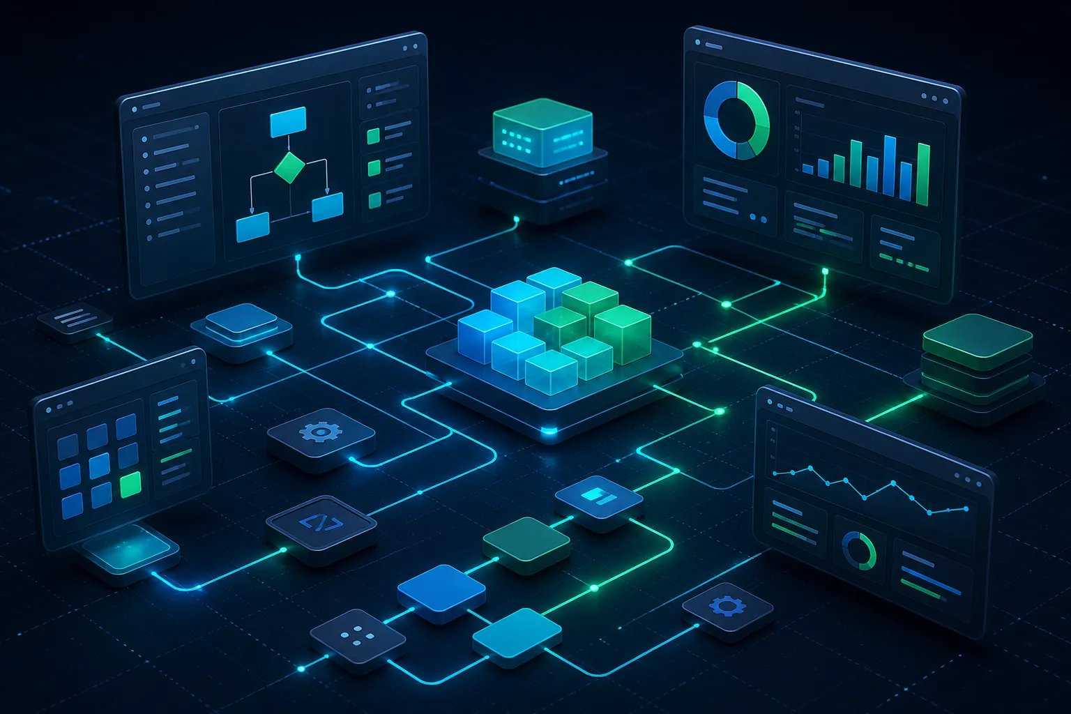 Diagramma astratto di moduli software e flussi di processo