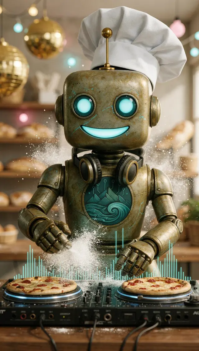Glitch con il cappello da chef alla consolle da DJ