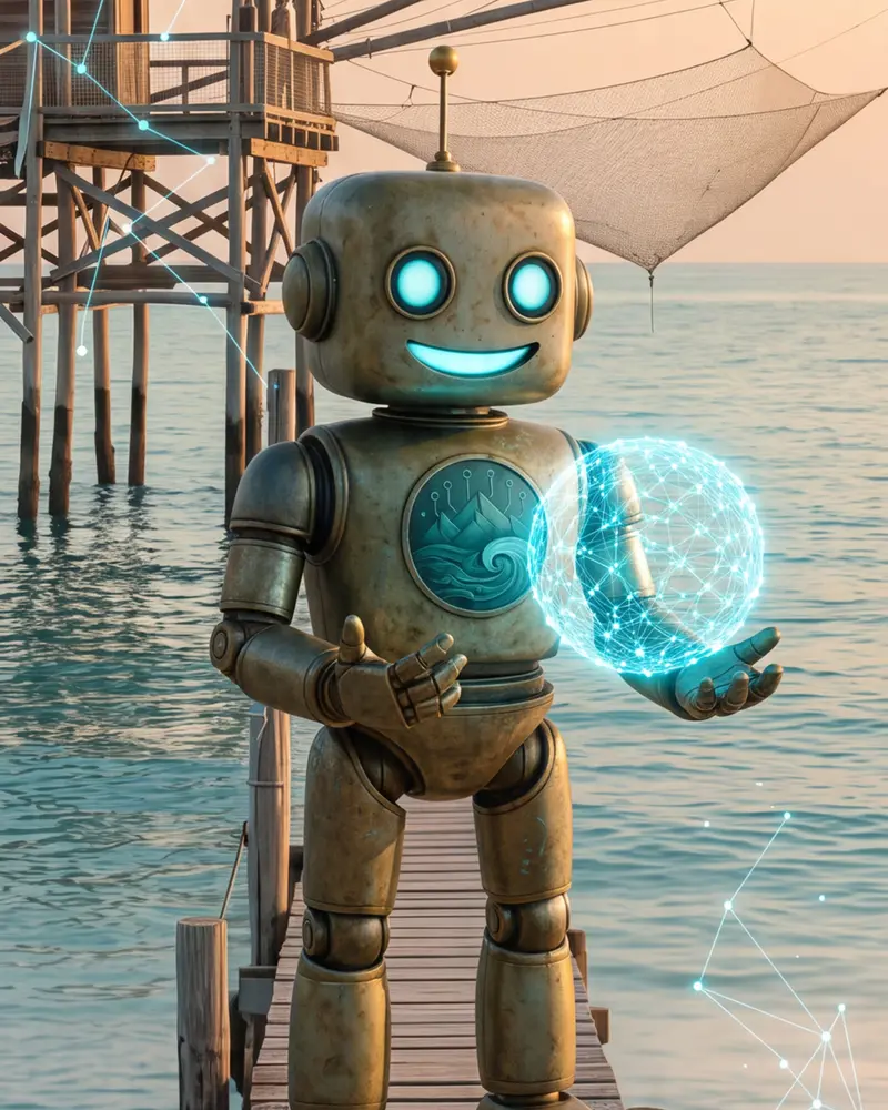 Glitch su un trabocco con una sfera di luce in mano
