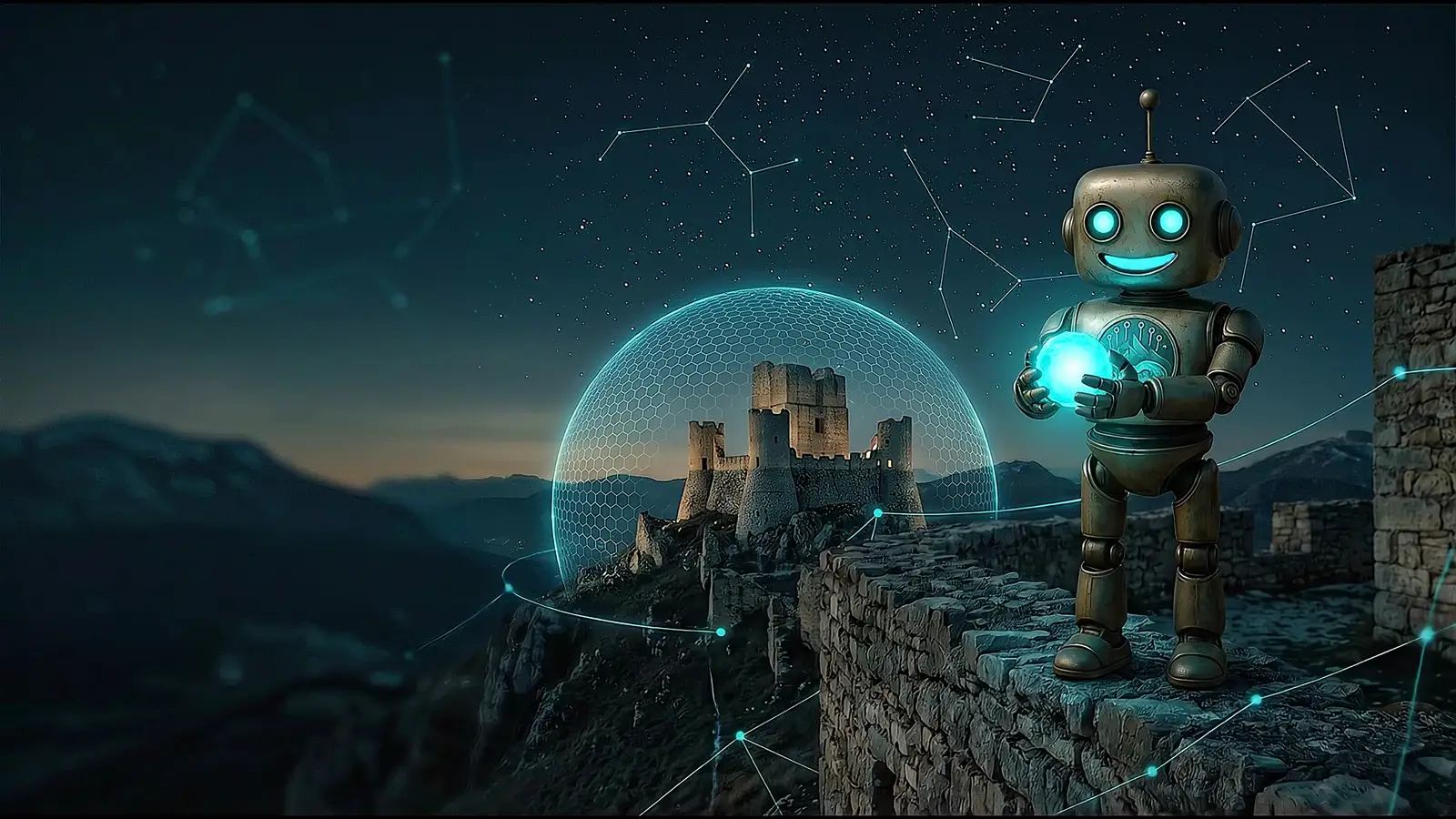 Glitch davanti a Rocca Calascio di notte con una sfera di luce tra le mani